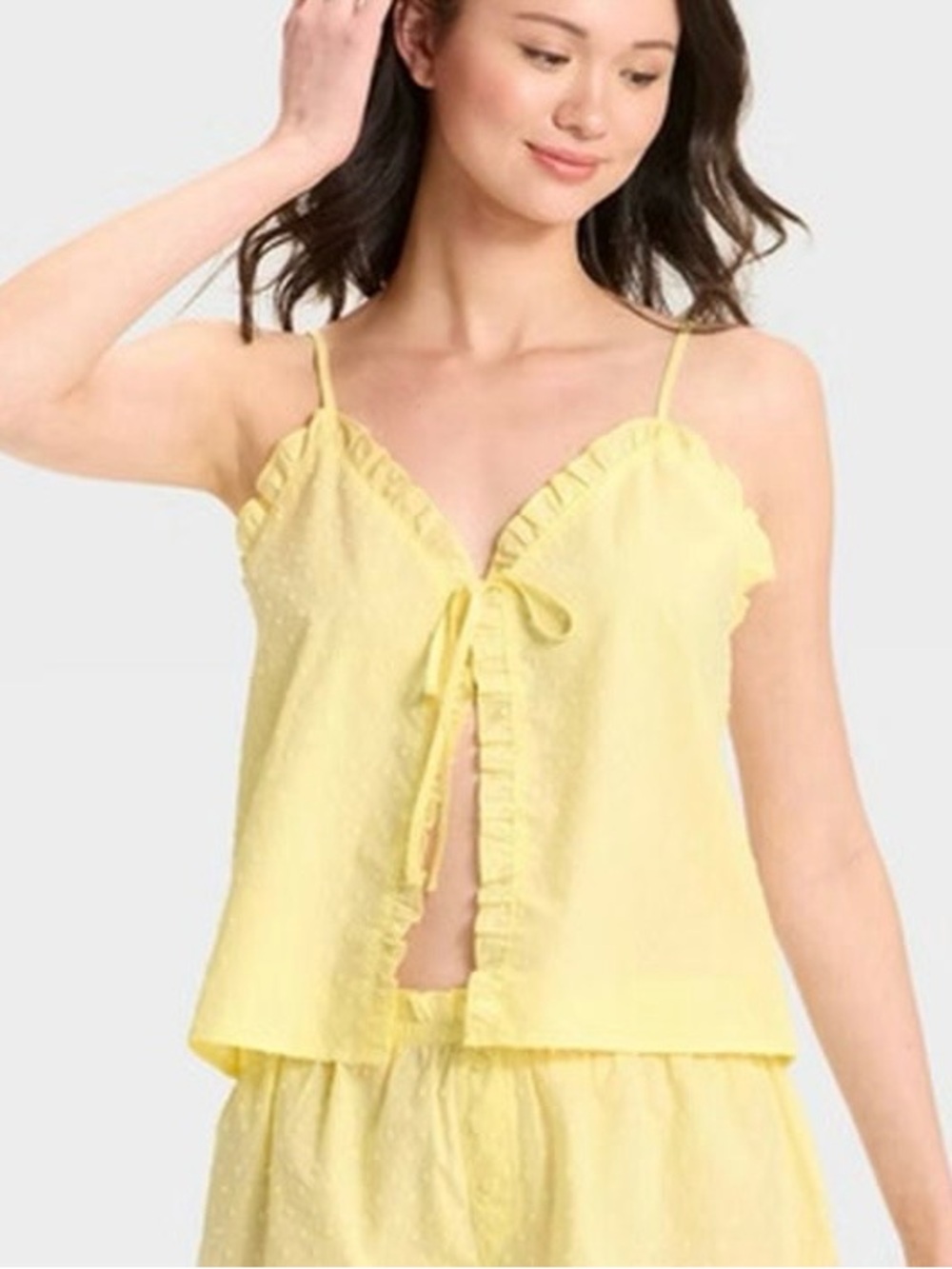 Colsie Light Butter Yellow Poplin Swiss Dot Ruffle Tie-Front Cami Crop Top L